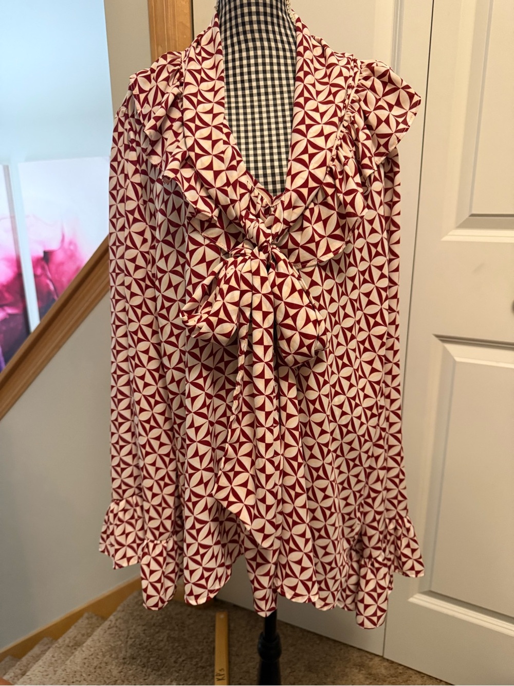 New York & Company Red and White Geometric Bow-Tie Mini Dress